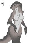 2020 3:4 anthro breasts brown_body brown_fur digital_media_(artwork) ezcett featureless_breasts female fingers fur green_eyes hi_res sergal simple_background solo tail white_background