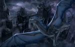 castle claws curved_horn detailed_background electricity feral flying grey_body horn lightning membrane_(anatomy) membranous_wings night nude outside raining solo spines spread_wings storm tail wings aaros european_mythology mythology dragon mythological_creature mythological_scalie scalie western_dragon hi_res