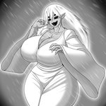 big_breasts black_sclera breasts cleavage clothed clothing colored_nails female grey_background grey_body grey_skin hair huge_breasts humanoid_pointy_ears long_hair looking_at_viewer nails open_mouth open_smile sharp_nails sharp_teeth simple_background smile solo teeth thick_thighs white_clothing white_eyes white_hair white_nails wide_hips da_ra_ra_ra asian_mythology east_asian_mythology japanese_mythology mythology ghost humanoid spirit yokai yuki-onna absurd_res hi_res monochrome