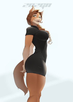 anthro big_breasts breasts clothed clothing female fur hair nipple_outline simple_background smile solo tail white_background zanzagen canid canine fox mammal absurd_res digital_media_(artwork) hi_res