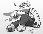 anthro female fur pawpads sitting sleeping solo sound_effects striped_body striped_fur stripes vowelless vowelless_sound_effect zzz rockbottomfeeder dreamworks kung_fu_panda master_tigress felid mammal pantherine tiger 5:4 black_and_white monochrome