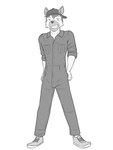 anthro backwards_baseball_cap backwards_hat baseball_cap clothed clothing coveralls footwear fully_clothed hat headgear headwear male shoes simple_background solo white_background fuze fuzeyeen hyena mammal spotted_hyena 3:4 full-length_portrait greyscale hi_res monochrome portrait