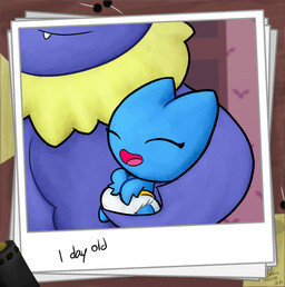 anthro blue_body clothed clothing diaper duo eyelashes female happy holding_another inside neck_tuft neonate open_mouth open_smile photo polaroid_photo smile stated_age tongue tuft wearing_diaper wings young pincoosh cartoon_network mao_mao:_heroes_of_pure_heart adorabat bat mammal absurd_res digital_media_(artwork) hi_res signature