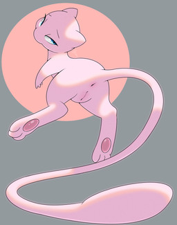 anus bedroom_eyes blue_eyes eyelashes feet female feral genitals geometric_background harsh_lighting hindpaw innie_vulva looking_back narrowed_eyes pawpads paws pink_body raised_tail rear_view seductive simple_background solo subsurface_scattering tail vulva squigglydraws nintendo pokemon pokemon_tcg_pocket generation_1_pokemon legendary_pokemon mew_(pokemon) pokemon_(species) absurd_res hi_res