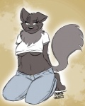 anthro big_breasts biped black_nose bottomwear breasts clothing crop_top denim denim_bottomwear denim_clothing eyebrows female fur grey_body half-closed_eyes heterochromia jeans kneeling mature_anthro mature_female narrowed_eyes naughty_face neck_tuft pants raised_eyebrow shirt slightly_chubby smile solo tail topwear tuft under_boob portzebie ramona_alvarez canid canine canis mammal wolf 2009 flat_colors