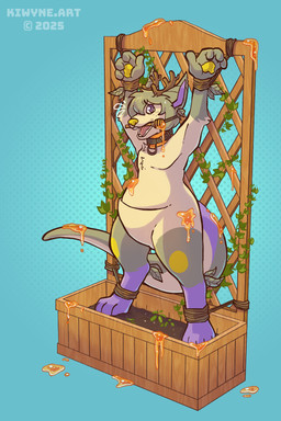 anthro antlers bdsm bondage bound bound_to_wall featureless_crotch food food_fetish food_play fur glistening glistening_eyes gloves_(marking) grey_body grey_fur grey_hair hair honey_(food) horn lattice leg_markings looking_at_viewer male markings nude object_in_mouth open_mouth purple_eyes purple_markings short_hair socks_(marking) solo spread_eagle standing tan_body tan_fur text wall_bondage yellow_markings yellow_nose kiwyne deer hybrid kangaroo macropod mammal marsupial 2025 artist_name dated digital_media_(artwork) hi_res