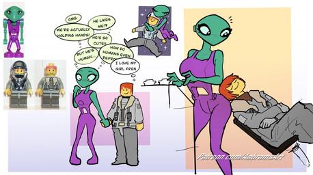 abstract_background astronaut big_breasts black_eyes blush blush_lines breasts dialogue duo eyelashes female green_body green_skin hair hand_holding hug hugging_another hugging_from_behind male male/female not_furry orange_hair resting short_hair smile space spacesuit text thought_bubble unitard wide_hipped_female wide_hipped_humanoid wide_hips yellow_body yellow_skin aabramsart lego alien alien_humanoid human humanoid mammal martian 2026 absurd_res artist_name digital_drawing_(artwork) digital_media_(artwork) english_text hi_res reference_image url watermark