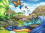 ambiguous_gender day detailed_background feral group outside sky tail natoli mythology arthropod butterfly dragon insect lepidopteran mythological_creature mythological_scalie scalie 2020 hi_res traditional_media_(artwork)