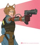2023 action_pose aiming alanscampos animal_ears animal_humanoid armor bethesda_softworks blue_eyes blush_(makeup) brown_hair bulletproof_vest canid canid_humanoid canine canine_humanoid carina_(giantburger) clothed clothing cybernetic_arm cybernetic_limb fallout female fox_ears fox_humanoid fox_tail fully_clothed gun hair handgun hi_res holding_gun holding_handgun holding_object holding_pistol holding_ranged_weapon holding_weapon humanoid inner_ear_fluff jumpsuit lips makeup mammal mammal_humanoid microsoft pistol pose ranged_weapon solo tail tailed_humanoid torn_clothing torn_jumpsuit tuft weapon