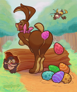 adjusting_glasses ambiguous_gender anal_oviposition antennae_(anatomy) anthro anus blush breasts brown_body brown_eyes brown_fur butt dirt egg egg_in_ass eyebrows eyewear featureless_breasts female forest forest_background fur genitals glasses grass group half-closed_eyes holidays log long_ears mascot narrowed_eyes nature nature_background nude nude_anthro nude_female open_mouth oviposition pink_ribbon plant public_oviposition raised_eyebrows raised_tail scut_tail short_tail stinger striped_body stripes tail tan_body tan_fur teeth text tongue tongue_out tree trio vulva wearing_glasses wings wood scxtcat cadbury easter cadbury_bunny arthropod bee eulipotyphlan hymenopteran insect lagomorph leporid mammal mole_(animal) rabbit artist_name