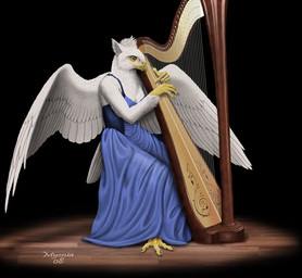 anthro beak feathered_wings feathers female harp music musical_instrument playing_music plucked_string_instrument solo string_instrument wings myenia avian bird falcon falconid 2008
