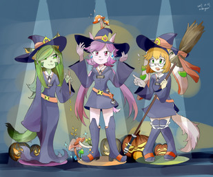 :3 amanita amanitaceae anthro black_nose boots broom cleaning_tool clothed clothing cosplay crossover_cosplay eyewear female fly_agaric food footwear fruit fungus fur glasses green_body green_eyes green_fur green_hair group hair holidays jack-o'-lantern magic_user mushroom orange_eyes orange_hair pink_nose plant pumpkin purple_eyes purple_hair shoes spotlight tail witch nikoyosan freedom_planet galaxytrail halloween little_witch_academia mythology studio_trigger carol_tea milla_basset sash_lilac aquatic aquatic_dragon basset_hound canid canine canis domestic_dog dragon felid feline felis hunting_dog mammal mythological_creature mythological_scalie scalie scent_hound wildcat 2017 crossover hi_res signature