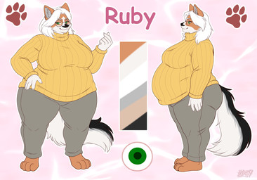 anthro belly big_belly big_breasts black_body black_fur bottomwear breasts brown_body brown_fur butt clothing eyewear female fur glasses green_eyes grey_body grey_fur hair obese obese_anthro obese_female overweight overweight_anthro overweight_female pants solo sweater topwear turtleneck wearing_glasses white_body white_fur white_hair kirsy36 ruby_renardrouge canid canine fox mammal marble_fox red_fox true_fox absurd_res hi_res model_sheet