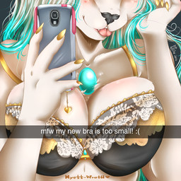 anthro bra breasts camera_view clothing electronics female phone selfie smile solo text tongue tongue_out underwear myett-wrath snapchat felid mammal 1:1 english_text
