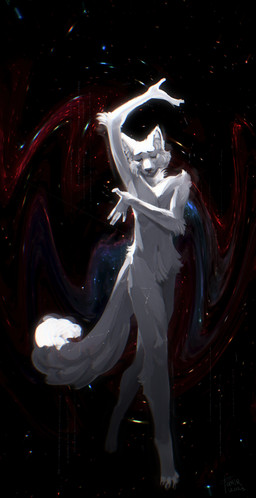 abstract_background anthro arm_tuft cheek_tuft crotch_tuft elbow_tuft eyes_closed facial_tuft fur hand_over_head male monotone_body monotone_fur mouth_closed navel nude shoulder_tuft solo standing tail tuft white_body white_fur white_tail famir canid canine canis mammal wolf 2023 absurd_res dated full-length_portrait hi_res portrait signature