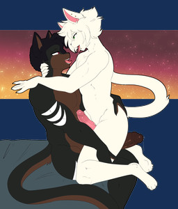 anthro anthro_on_anthro black_body black_fur bodily_fluids claws countershade_fur countershade_tail countershade_torso countershading duo erection fur genitals glans hair hand_on_butt hand_on_leg hand_on_neck hand_on_shoulder humanoid_genitalia humanoid_penis intraspecies male male/male penis saliva saliva_string tail tongue tongue_out white_body white_fur white_hair munkeesgomu kay_(nezuruiart) trevor_(munkeesgomu) domestic_cat felid feline felis mammal alpha_channel hi_res