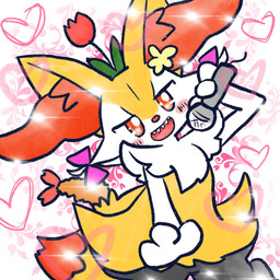 ambiguous_anthro ambiguous_gender anthro biped blush blush_stickers bow_ribbon digitigrade dipstick_tail dutch_angle electronics featureless_crotch flower_on_head food front_view heart_symbol holding_microphone holding_object looking_at_viewer markings microphone object_in_tail open_mouth open_smile sharp_teeth shrimp_(food) smile solo standing tail tail_markings teeth annyui0611 nintendo pokemon braixen canid generation_6_pokemon mammal pokemon_(species) 1:1 2023 digital_drawing_(artwork) digital_media_(artwork) hi_res japanese_description portrait three-quarter_portrait translated_description