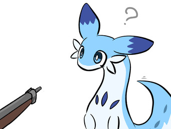 ambiguous_gender blue_body feral fur gun hunting mouthless question_mark ranged_weapon solo tail weapon yuumisocute mythology palworld pocketpair chillet dragon gastropod mammal mollusk mythological_creature mythological_scalie pal_(species) scalie slug 2024 4:3 hi_res