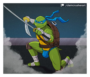 2_toes 3_fingers accessory anthro asian_clothing belt bottomwear bulge clothed clothing dual_wielding east_asian_clothing feet fingers foot_wraps frown fundoshi hand_wraps headband holding_object holding_weapon japanese_clothing katana knee_pads looking_at_viewer male melee_weapon muscular muscular_anthro muscular_male pose scabbard scowl shell solo sword toes underwear utility_belt weapon wraps clamcrusher teenage_mutant_ninja_turtles leonardo_(tmnt) reptile scalie turtle
