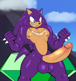 anthro balls big_balls big_penis blue_eyes erection flexing foreskin fur fusion genitals looking_down male male/male markings master_emerald mountain muscular muscular_male nipples outside pecs penis purple_body purple_fur sharp_teeth smile smirk solo spiked_knuckles standing tail tan_body tan_fur teeth nezuruiart sega sonic_the_hedgehog_(series) fan_character knuckles_the_echidna sonic_the_hedgehog echidna eulipotyphlan hedgehog mammal monotreme hi_res