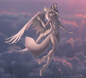 anthro biped breasts cloud day digitigrade feathered_wings feathers featureless_breasts featureless_crotch feet female female_anthro fingers flying fur hair long_hair looking_at_viewer medium_breasts navel nude nude_anthro nude_female outdoor_nudity outside pose sky smile solo tail tasteful_nudity text three-quarter_view toes white_body white_fur wings blue.rabbit arctic_fox canid canine canis fox mammal true_fox digital_drawing_(artwork) digital_media_(artwork) english_text full-length_portrait portrait shaded soft_shading url