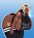 big_breasts black_clothing black_shirt black_topwear blue_background bodily_fluids breasts brown_tail clothing curvy_figure dark_body dark_skin eyes_closed female glistening glistening_body gradient_background grey_hair grey_horn hair horn huge_breasts leaning leaning_forward legwear shirt short_hair side_boob simple_background solo steam sweat tail thick_thighs topwear voluptuous wide_hips armorv1 animal_humanoid bovid bovid_humanoid bovine bovine_humanoid cattle_humanoid horned_humanoid humanoid mammal mammal_humanoid tailed_humanoid hi_res