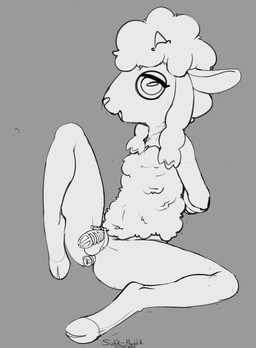 anthro anthrofied arms_tied balls bound butt chastity_cage chastity_device clothed clothing femboy fur genitals hands_behind_back hooves horn lock male padlock partially_clothed penis pokemorph presenting presenting_penis rope sex_toy solo vibrator wool_(fur) sukk-madikk nintendo pokemon bovid caprine generation_8_pokemon mammal pokemon_(species) wooloo hi_res monochrome