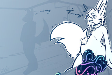 ambiguous_gender anthro breath bus_stop collar collar_only egg eyes_closed flat_chested fluffy fluffy_tail fur fur_markings hair hand_on_belly implied_oviposition indifferent inner_ear_fluff long_ears long_hair long_tail markings nude panting pregnant_ambiguous public public_nudity shaking solo tail tuft conditional_dnp lodi_(artist) background_character lodi_(character) canid canine demon mammal 3:2 hi_res restricted_palette