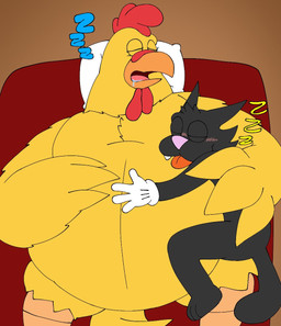 anthro bed bodily_fluids clothing drooling duo eyes_closed furniture gloves handwear hug male open_mouth pillow saliva sleeping sleeping_together sound_effects tongue tongue_out vowelless vowelless_sound_effect white_clothing white_gloves white_handwear zzz pt80s0up family_guy ernie_the_giant_chicken scratchy_(the_simpsons) avian bird chicken domestic_cat felid feline felis galliform mammal phasianid