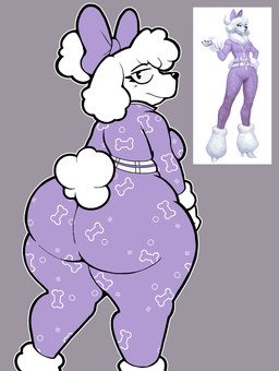 accessory anthro big_butt biped black_nose bow_ribbon breasts butt clothed clothed_anthro clothed_female clothing eyelashes female fur furgonomics grey_background hair_accessory hair_bow hair_ribbon looking_at_viewer looking_back looking_back_at_viewer mouth_closed overweight overweight_anthro overweight_female pattern_clothing purple_bow purple_clothing purple_hair_bow ribbons simple_background solo tail thick_thighs white_body white_fur wide_hips lewdewott epic_games fortnite lady_poodlina canid canine canis domestic_dog mammal poodle hi_res reference_image