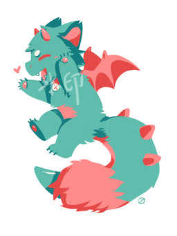 ambiguous_gender chibi eyes_closed fangs fur green_body green_ears green_fur happy head_tuft horn membrane_(anatomy) membranous_wings open_mouth open_smile pink_body pink_fur pink_horn pink_inner_ear red_wings semi-anthro simple_background simple_eyes smile solo tail teeth tuft white_background wings asnnonaka mythology dragon furred_dragon furred_scalie mythological_creature mythological_scalie scalie 3:4 digital_media_(artwork) full-length_portrait hi_res portrait watermark