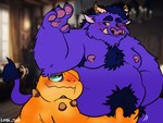 anthro belly blue_eyes blurred_background blush body_hair chest_hair cuddling duo fur happy_trail horn inside male male/male moobs nipples nude overweight overweight_male pawpads pubes purple_body purple_fur romantic romantic_couple scales size_difference tusks yellow_body yellow_eyes yellow_scales lobi_top killigan's_treasure killigan macsen amphibian bovid bovine cattle frog mammal 2024 4:3 absurd_res hi_res