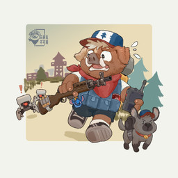 anthro biped bottomwear brown_body brown_fur chibi clothing feral fur group hat headgear headwear kemono machine male outside plant running shirt shorts topwear tree weapon worried kounfuyu canid canine canis domestic_dog mammal robot suid suine sus_(pig) wild_boar 1:1 2025 absurd_res hi_res