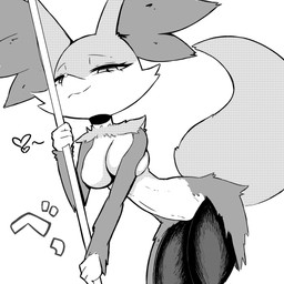 anthro breasts choker dancing female fox_ears fox_tail fur half-closed_eyes heart_symbol jewelry narrowed_eyes necklace onomatopoeia pole pole_dancing solo sound_effects text akatosh_el_shota_furro nintendo pokemon canid canine delphox fox generation_6_pokemon mammal pokemon_(species) 1:1 hi_res monochrome