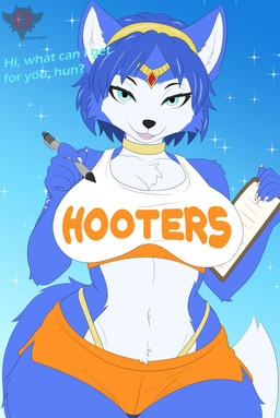 anthro big_breasts blue_body blue_eyes blue_fur bottomwear breasts chest_tuft clothing crotch_tuft eyelashes female fox_ears fox_tail fur holding_object hooters_uniform long_eyelashes midriff shorts solo thong_straps topwear tuft white_clothing white_topwear wildstar_dragoon hooters nintendo star_fox krystal_(star_fox) canid canine fox mammal