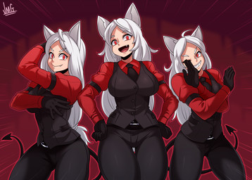 5_fingers big_breasts breasts clothed clothing fangs female fingers fully_clothed group hair long_hair looking_at_viewer open_mouth open_smile red_eyes smile spade_tail tail teeth trio white_hair jmg helltaker cerberus_(helltaker) animal_humanoid canid canid_humanoid demon humanoid mammal mammal_humanoid 2020 absurd_res hi_res