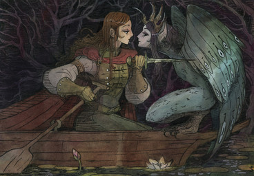 anthro boat cape claws clothing duo eye_contact female female/female flower fur grey_body grey_fur holding_melee_weapon holding_object holding_sword holding_weapon lily_(flower) lily_pad looking_at_another melee_weapon oar perching plant red_cape red_clothing shortsword sword vehicle water watercraft weapon white_flower wings faith_schaffer european_mythology greek_mythology mythology avian harpy humanoid mythological_avian mythological_creature 2025 hi_res painting_(artwork) traditional_media_(artwork) watercolor_(artwork)