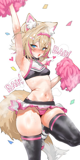 belly black_clothing black_legwear black_thigh_highs blonde_hair blue_eyes bodily_fluids bottomwear breasts cheerleader_outfit clothed clothing confetti female hair heart_symbol highlights_(coloring) inner_ear_fluff legwear microskirt miniskirt panties pink_clothing pink_highlights pink_inner_ear pink_panties pink_underwear pom_poms skirt small_breasts solo sweat tail text thick_thighs thigh_highs tuft underwear upskirt white_inner_ear_fluff yellow_tail milaart hololive hololive_en vtuber mococo_abyssgard animal_humanoid humanoid absurd_res hi_res