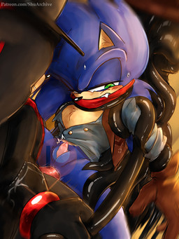 anal anal_penetration anthro anthro_penetrated becoming_erect big_penis black_body black_fur blue_body blue_fur blush blush_lines bodily_fluids clothed clothing collared_shirt dress_shirt duo erection erection_while_penetrated flustered fur genitals gloves green_eyes handwear hat headgear headwear kerchief male male/male male_penetrated male_penetrating male_penetrating_male neckerchief neckwear peeking_penis penetration penile penile_penetration penis pounding_ass sex sharp_teeth shirt smile smiling_at_another smiling_at_partner sweat sweatdrop teeth tentacles tentacles_around_arms tentacles_around_legs thrust_lines thrusting topwear unbuttoned_shirt shush_(artist) sega sonic_the_hedgehog_(series) shadow_the_hedgehog sonic_the_hedgehog eulipotyphlan hedgehog mammal 3:4 digital_media_(artwork) distracting_watermark hi_res watermark