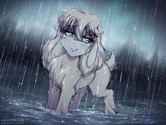 blush eyebrow_through_hair eyebrows eyelashes eyeshadow female feral fur hair makeup partially_submerged quadruped raining scut_tail short_tail solo standing_in_water tail text translucent translucent_hair wet wet_body wet_fur walliscolours henrietta_the_little_lamb bovid caprine mammal sheep 2022 4:3 character_name dated hi_res
