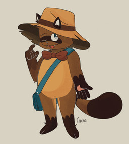 anthro bow_tie clothed clothing fur hat headgear headwear male nude pose solo munchzart kibo_(munchzart) mammal procyonid raccoon 2026 digital_media_(artwork) hi_res