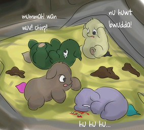 abuse ambiguous_feral ambiguous_gender angry animal_noises black_eyes black_tail blood blue_tail bodily_fluids brown_body brown_fur brown_tail chirping crying eyes_closed feces feral fur gore green_body green_fur group looking_at_another lying neonate on_back pink_tail purple_body purple_fur sitting tail tears teeth tooth_removal violence worried yellow_body yellow_fur young young_ambiguous young_feral carpdime fluffy_pony fluffy_pony_(species) mammal