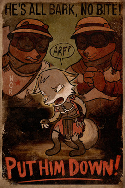 ambiguous_gender anthro armor caesars_legion clothed clothing ears_down eyewear fully_clothed goggles group headgear helmet male military_uniform new_california_republic new_vegas pivoted_ears poster propaganda propaganda_poster speech_bubble standing tail text topwear trio uniform weathered dotssu fallout microsoft vulpes_inculta bear brown_bear canid canine canis grizzly_bear mammal ursine wolf 2026 english_description english_text hi_res