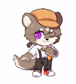 anthro black_bottomwear black_clothing black_nose black_pants bottomwear brown_body brown_ears brown_fur brown_hair brown_tail cheek_tuft closed_smile clothed clothing countershading facial_tuft front_view fur hair hat headgear headwear looking_aside male mouth_closed necktie orange_clothing orange_hat orange_headwear orange_necktie pants purple_eyes simple_background smile solo tail topwear tuft unsigned white_background white_body white_clothing white_fur white_tail white_topwear yellow_necktie asnnonaka canid mammal full-length_portrait portrait