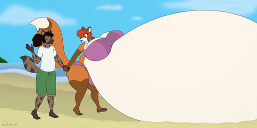 anthro beach belly big_belly big_breasts bikini black_hair bottomwear breasts clothing cloud duo eyes_closed female footwear fur green_eyes hair huge_belly huge_breasts hyper hyper_belly hyper_breasts hyper_pregnancy long_belly male markings navel one_eye_obstructed open_mouth orange_body orange_fur outie_navel pregnant pregnant_anthro pregnant_female red_hair sand sandals seaside shirt shoes sky spots spotted_body spotted_fur swimming_trunks swimwear thick_thighs topwear two-piece_swimsuit water satsumalord annie_(satsumalord) beau_(satsumalord) canid canine fox hyena mammal red_fox spotted_hyena true_fox 2025 digital_media_(artwork) hi_res