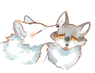 ambiguous_gender bite blush blush_lines bodily_fluids duo eyes_closed fangs feral fur grey_body grey_fur open_mouth orange_eyes simple_background sweat teeth white_body white_fur ytkmrs canid canine mammal 2025 hi_res