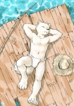 anthro asian_clothing bamboo bamboo_object biped bird's-eye_view clothed clothing east_asian_clothing eyes_closed fishing fishing_rod front_view fundoshi fur hands_behind_head hat headgear headwear high-angle_view hindpaw japanese_clothing kemono lying male navel on_back outside paws sleeping solo straw_hat tail topless underwear water white_body white_clothing white_fundoshi white_fur white_underwear wood fffffolder canid canine canis felid mammal wolf