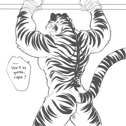 anthro arms_above_head athletic balls barely_visible_balls barely_visible_genitalia bdsm biceps big_muscles biped blush bodily_fluids bondage bound butt dialogue dominant fur genitals hands_tied looking_at_viewer looking_back male manly markings metal_bar muscular muscular_anthro muscular_male muscular_sub nervous nude pecs raised_arm raised_tail rear_view restrained restraints rope rope_bondage simple_background slave solo spread_legs spreading standing stripes submissive submissive_male sweat tail text kokukokuboo felid mammal pantherine tiger 1:1 2013 english_text monochrome
