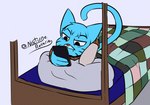 anthro bed bedding blanket furniture male on_phone pillow solo nocturnereverie cartoon_network the_amazing_world_of_gumball gumball_watterson felid feline mammal adversarial_noise