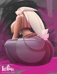 anthro big_butt butt butt_focus clothing cropped_jacket eyes_closed female floppy_ears fur lop_ears scut_tail short_tail sitting solo tail thick_thighs tight_clothing white_body white_fur hiverdose last_fables eni_siverets_(last_fables) hare lagomorph leporid mammal hi_res